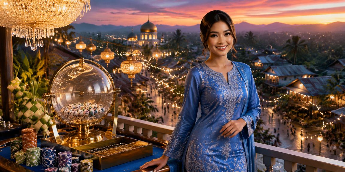 Pemenang loteri Malaysia dalam pakaian tradisional baju kurung memegang slip nombor bertuah